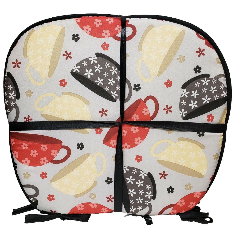 Set of 4 Cushion Chair Pads with black ties (15"x15") MULTICOLOR COFFEE CUPS, BH